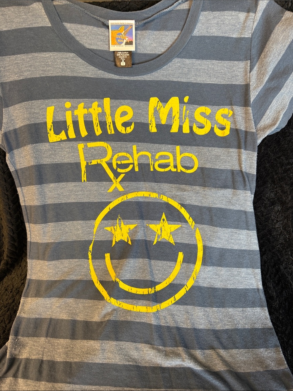Hard Rock Cafe Gray Striped Tee with Yellow 'Little Miss Rehab' Graphic
